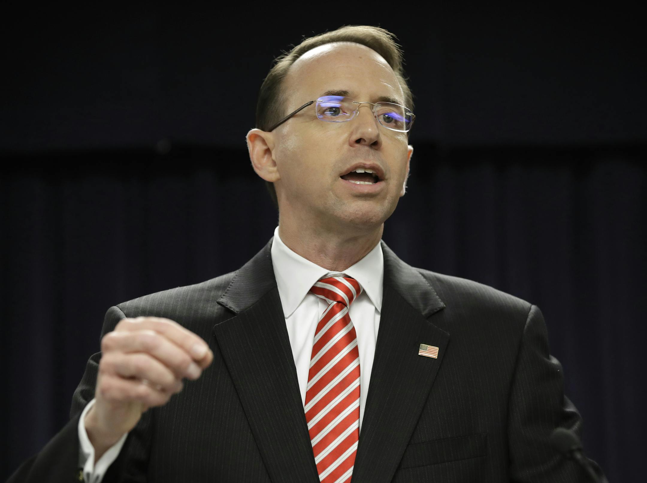 U.S. Attorney for the District of Maryland Rod J. Rosenstein speaks at a news conference in Baltimore, Wednesday, March 1, 2017, to announce that seven Baltimore police officers who worked on a firearms crime task force are facing charges of stealing money, property and narcotics from people over two years. (AP Photo/Patrick Semansky)