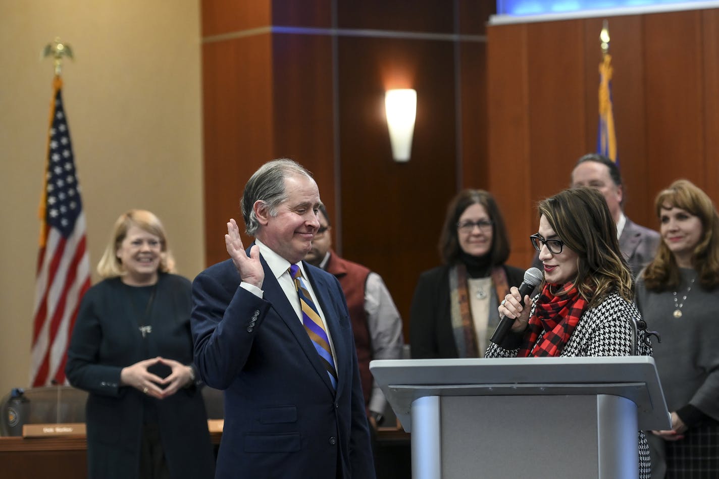 Lt. Gov Peggy Flanagan swore in incoming Metropolitan Council chair Charlie Zelle before a council meeting Wednesday. ] Aaron Lavinsky &#x2022; aaron.lavinsky@startribune.com Charlie Zelle, the new Metropolitan Council chair, was sworn by Lt. Gov. Peggy Flanagan on Wednesday, Jan. 8, 2020 in the council chambers in St. Paul, MInn.