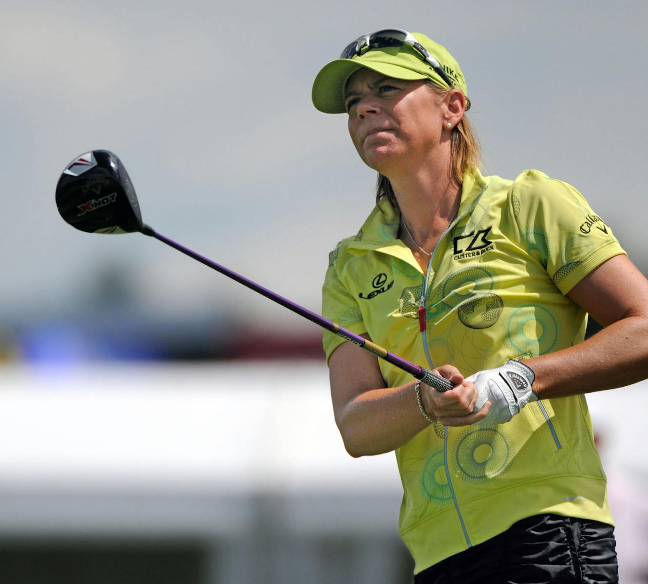 Annika Sorenstam tees off the first hole during the second round of the 3M Players Championship golf tournament at TPC Twin Cities golf course Saturday, Aug. 3, 2013, in Blaine, Minn.