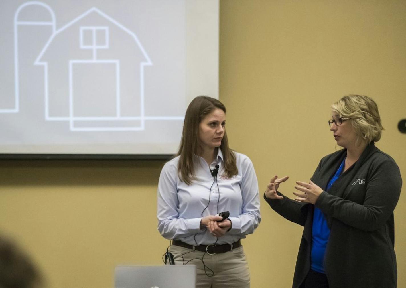 Charlene Vrieze and Terri Moxley led an informational meeting for the 40 Square Cooperative Solutions about the health insurance coverage for farmers it will provide at Cabela's in Owatonna, Minn., on Monday, October 16, 2017.