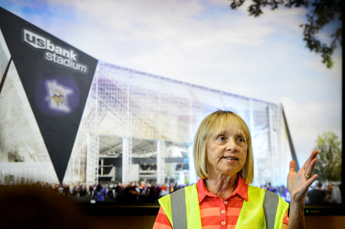 Michele Kelm-Helgen, chair of the Minnesota Sports Facilities Authority. ] GLEN STUBBE * gstubbe@startribune.com Monday, July 20, 2015 A tour of the USBank Stadium. It has a roof made of ETFE, or ethylene-tetra-fluoro-ethylene. ORG XMIT: MIN1507201415221342