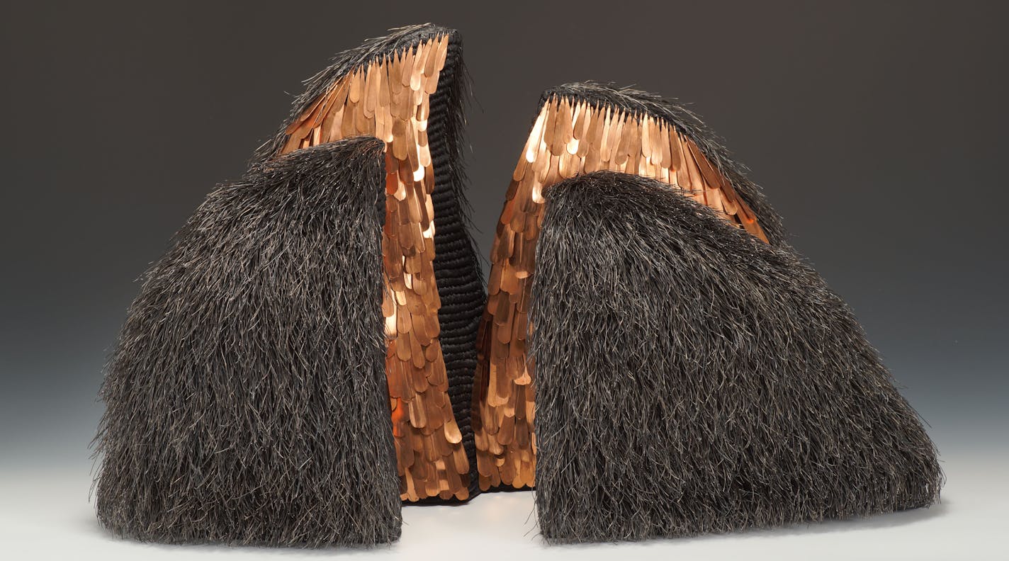 Mary Giles&#x2019; &#x201c;Silver Cliff,&#x201d; made from waxed linen thread, tinned copper and fine iron wire, brings to mind the grandeur of river bluffs and the sleek pelts of beavers.