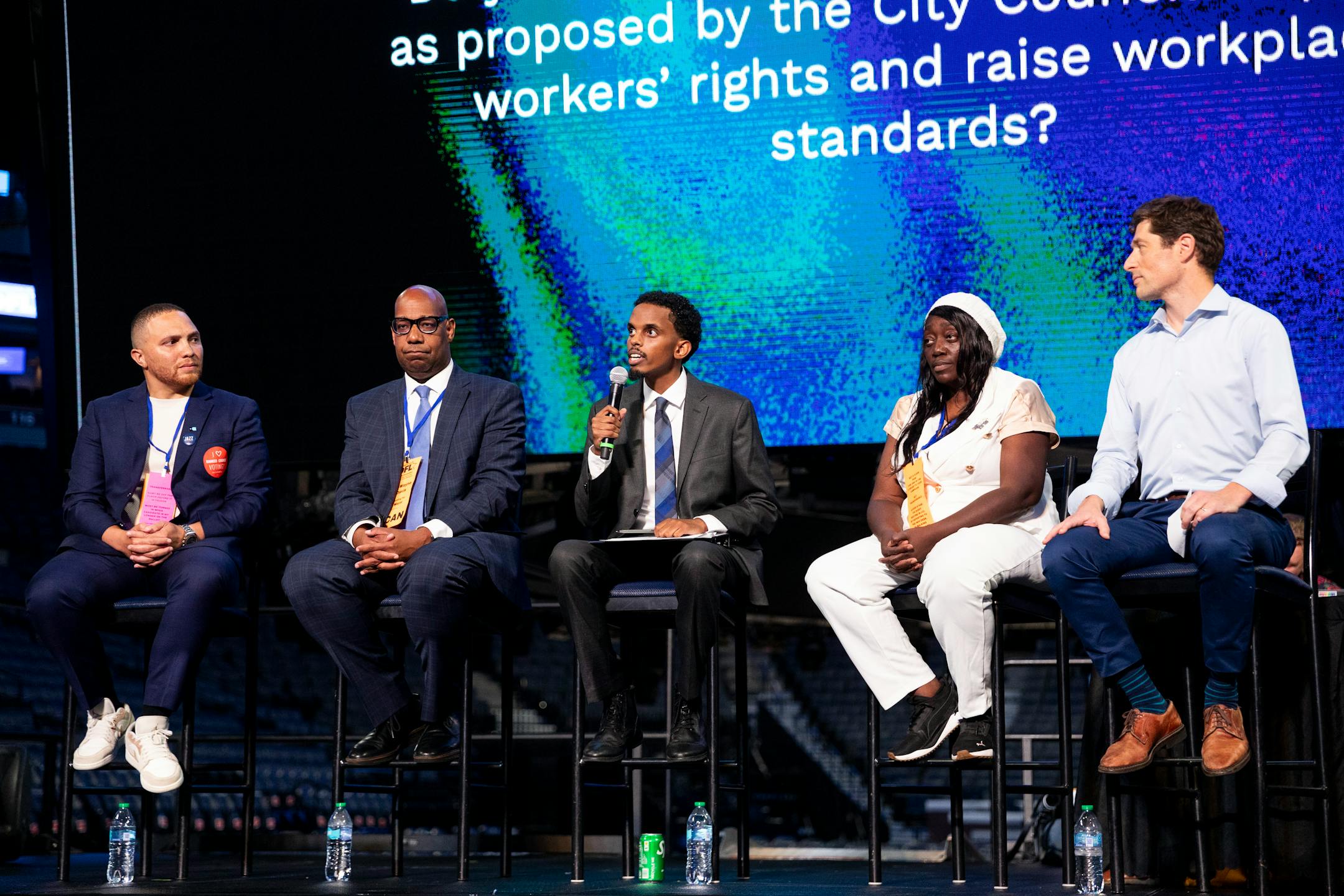 Mayoral candidate Omar Fateh answers a question during the Minneapolis DFL convention at Target Center on July 19.