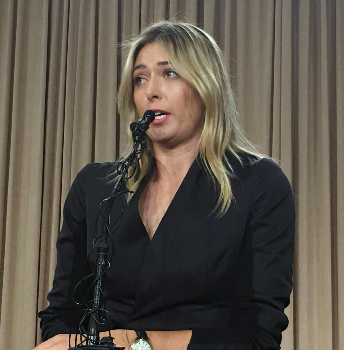 Five-time Grand Slam tennis champion Maria Sharapova speaks at a news conference in Los Angeles, Monday, March 7, 2016. (AP Photo/Damian Dovarganes) ORG XMIT: MIN2016030714322178