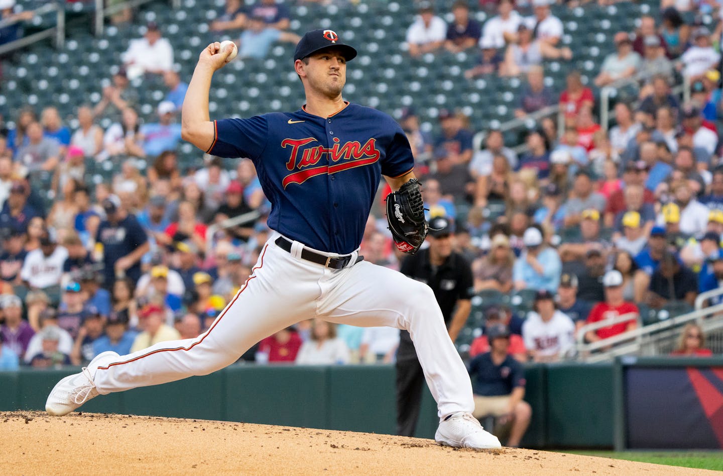 Minnesota Twins starting pitcher Tyler Mahle (51) throws out a pitch against the Toronto Blue Jays in the second inning Friday, August 5, 2022 at Target Field in Minneapolis. This is Mahle's debut on the Twins after being traded from the Cincinnati Reds. ]