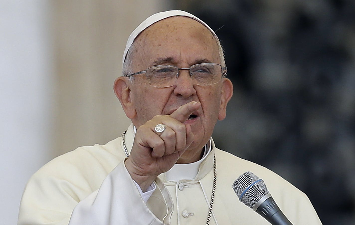 Pope Francis delivers his message on the occasion of an audience with participants of Rome's diocese convention in St. Peter's Square, at the Vatican, Sunday, June 14, 2015.