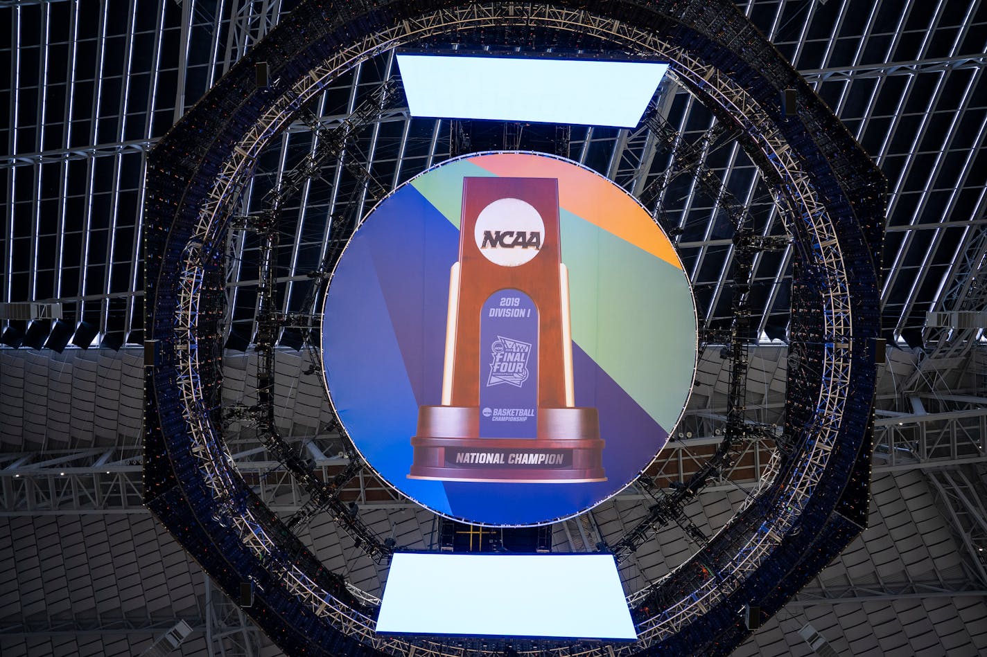 The view looking straight up at the scoreboard from center court at U.S. Bank Stadium for this week's Final Four.