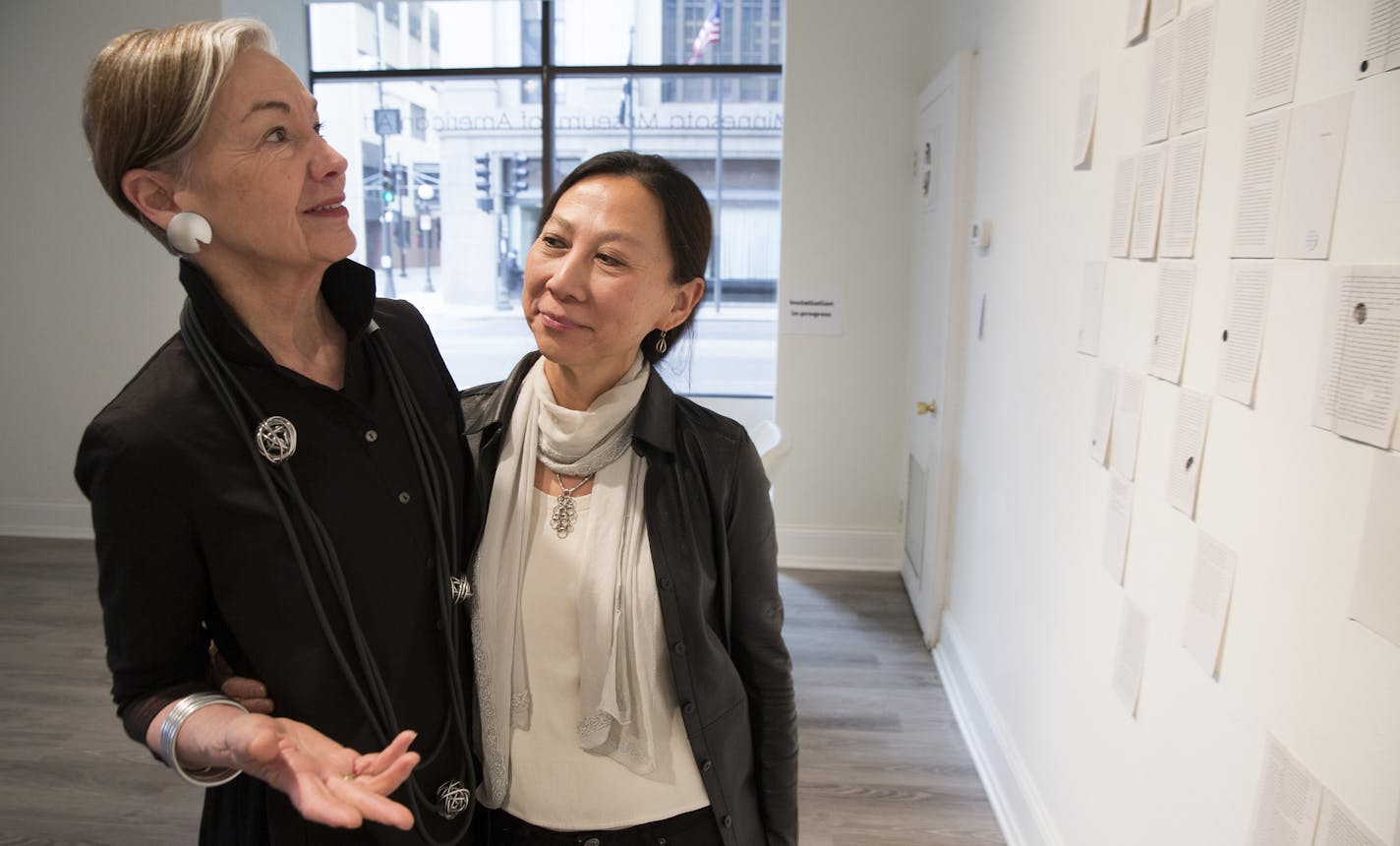 Minneapolis-based artist Harriet Bart, left, and Boston-based artist Yu-Wen Wu worked closely on their joint exhibit "Random Walks and Chance Encounters" at Minnesota Museum of American Art in St. Paul on Thursday, March 19, 2015. ] LEILA NAVIDI leila.navidi@startribune.com /