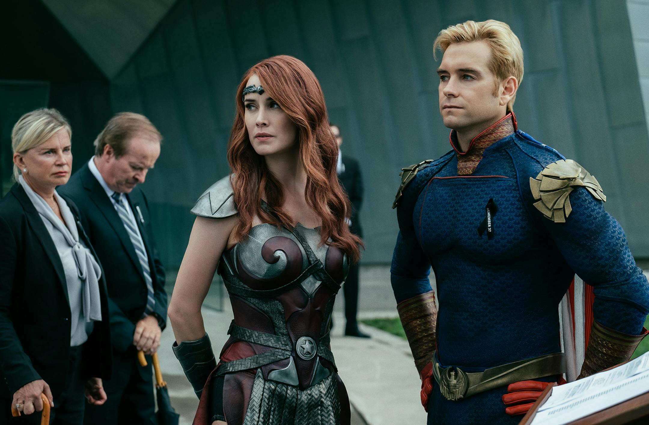 Homelander (Antony Starr, right) is the sociopathic Superman analog in "The Boys," who has closeted lesbian Wonder Woman analog Queen Maeve (Dominique McElligott, center) under his thumb, along with the rest of The Seven, a thinly veiled Justice League. (Jan Thijs/Amazon Prime/TNS) ORG XMIT: 1377336