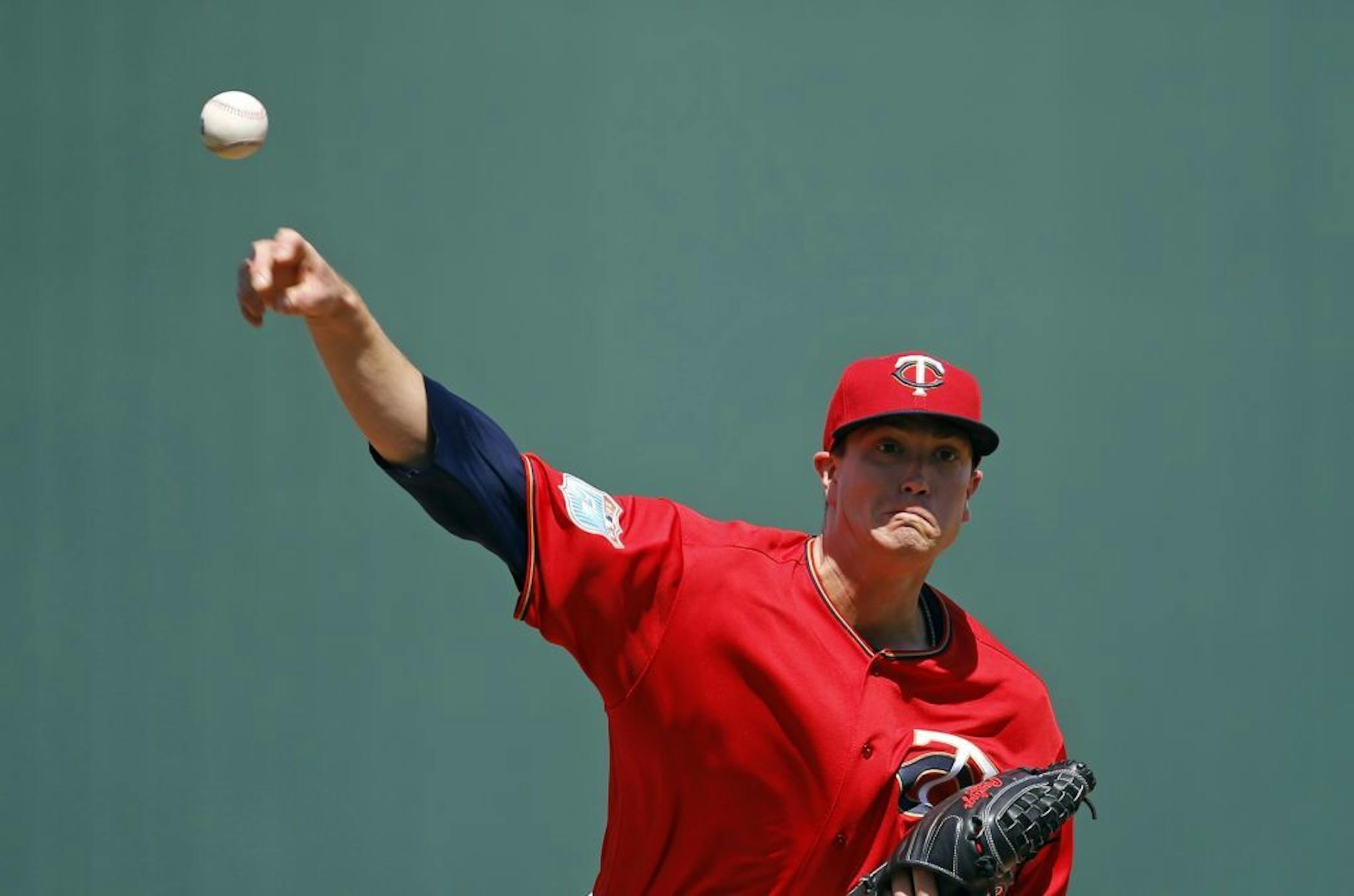 Minnesota Twins starting pitcher Kyle Gibson throws between innings of a spring training interleague baseball game against the Miami Marlins in Fort Myers, Fla., Friday, March 11, 2016.