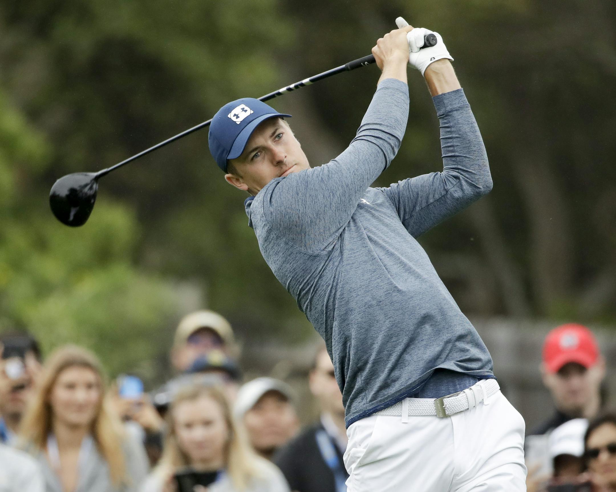 Jordan Spieth watches his tee shot on the 13th hole during the second round of the U.S. Open Championship golf tournament Friday, June 14, 2019, in Pebble Beach, Calif. (AP Photo/Marcio Jose Sanchez)