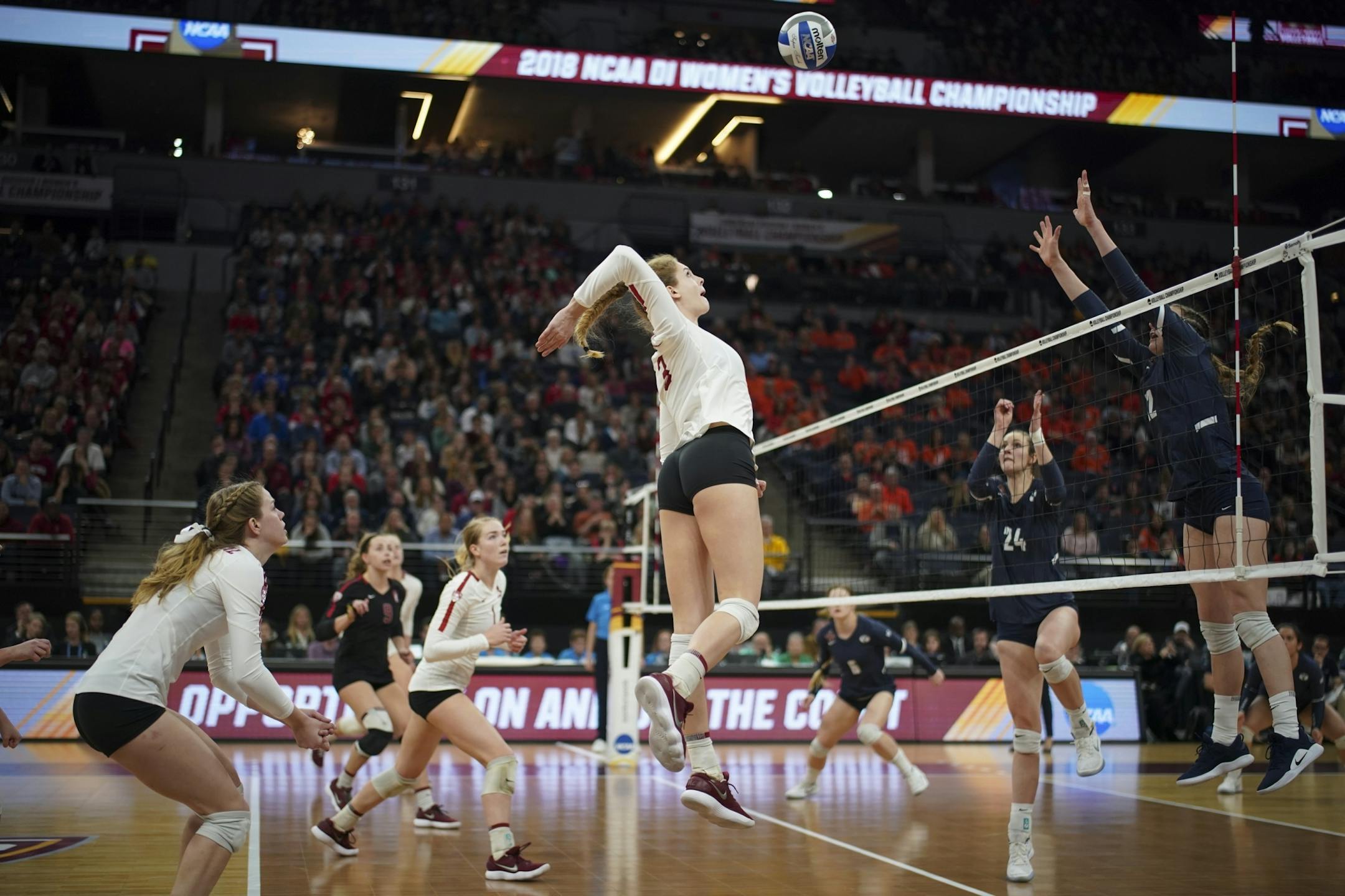 Stanford's Holly Campbell lined up a spike late in the third set against BYU.