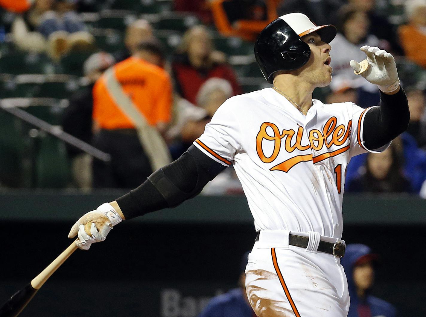 Baltimore Orioles' Chris Davis watches his solo home run in the third inning of a baseball game against the Minnesota Twins in Baltimore, Wednesday, April 6, 2016. (AP Photo/Patrick Semansky)