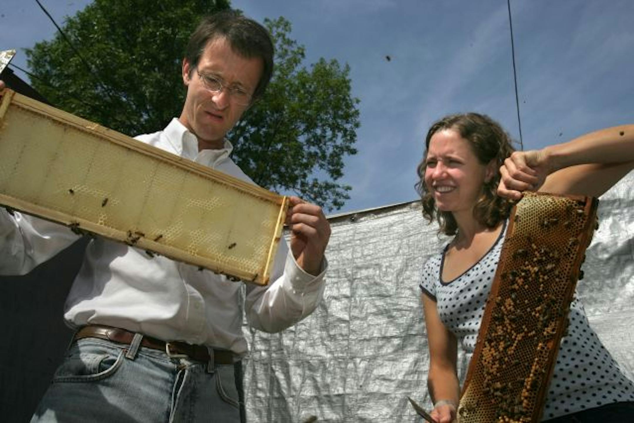 David Nicholson and Betsy Ranum check their bee hive in the backyard.