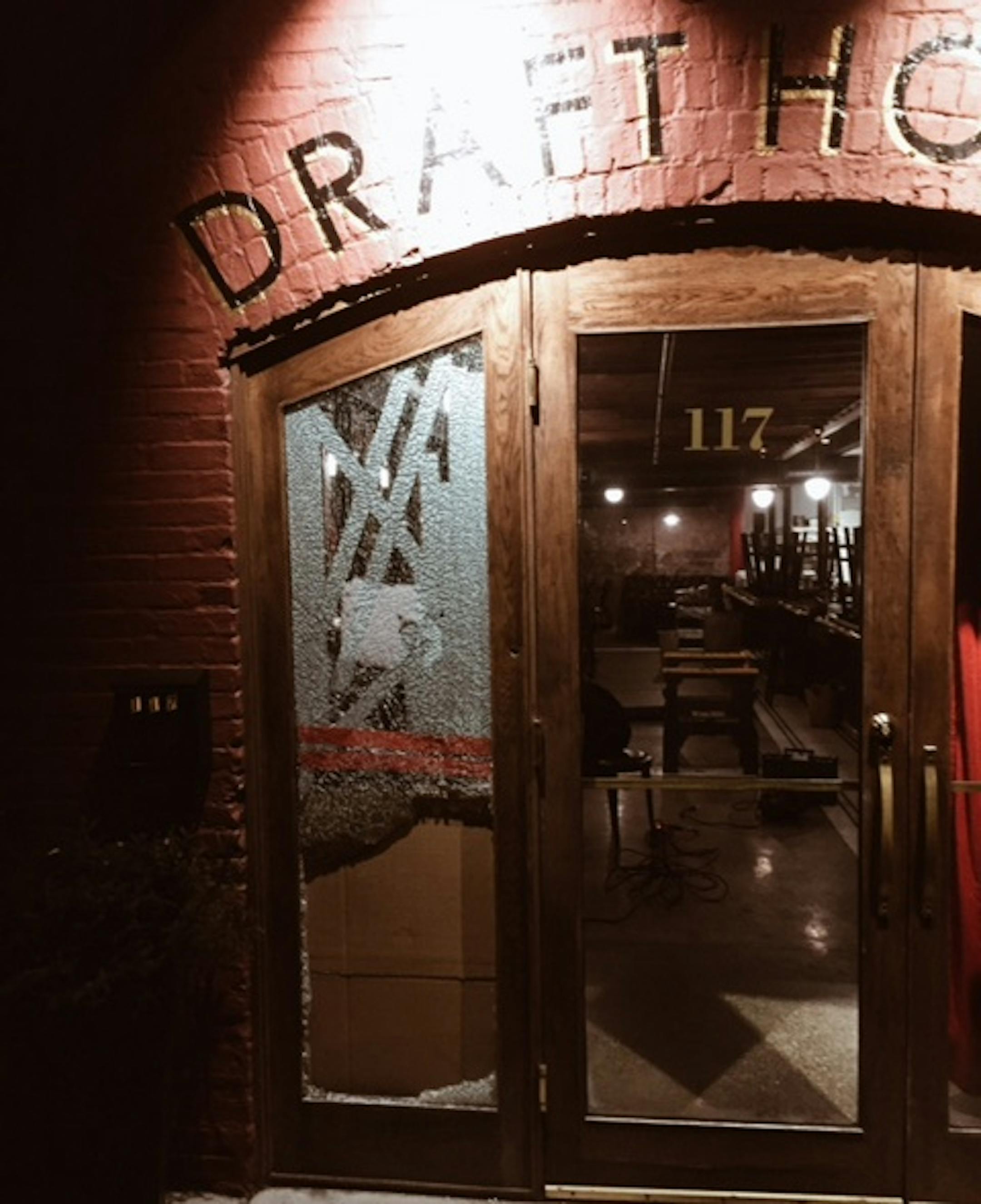 A door was smashed at the Draft Horse early Friday, January 6. Photo provided.