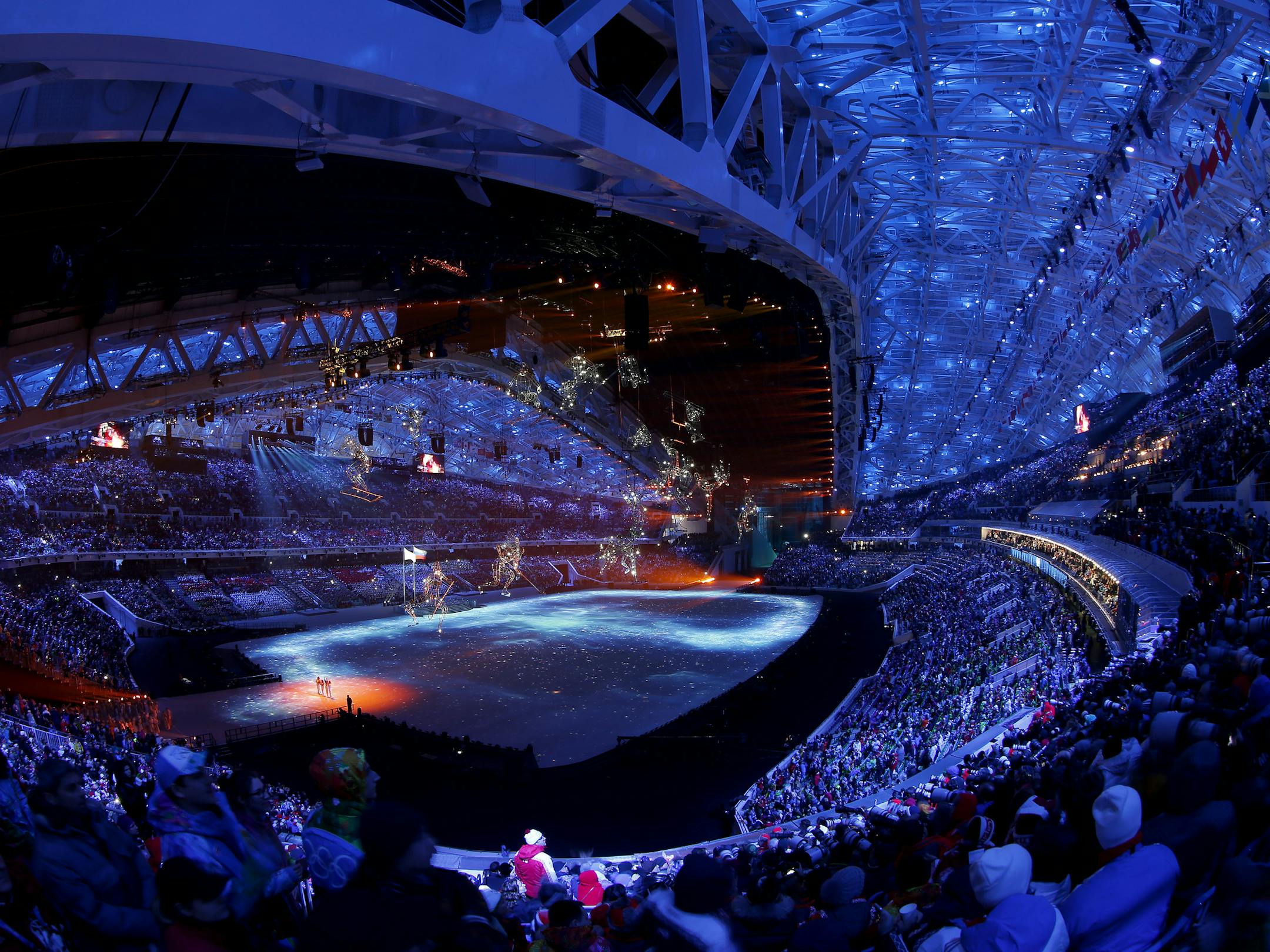 Spectators watched Opening Ceremonies of the 2014 Sochi Winter Olympics Fisht Olympic Stadium on Friday. ] CARLOS GONZALEZ cgonzalez@startribune.com - February 7, 2013, Adler, Russia, Sochi 2014 Winter Olympics, Opening Ceremonies, Fisht Olympic Stadium