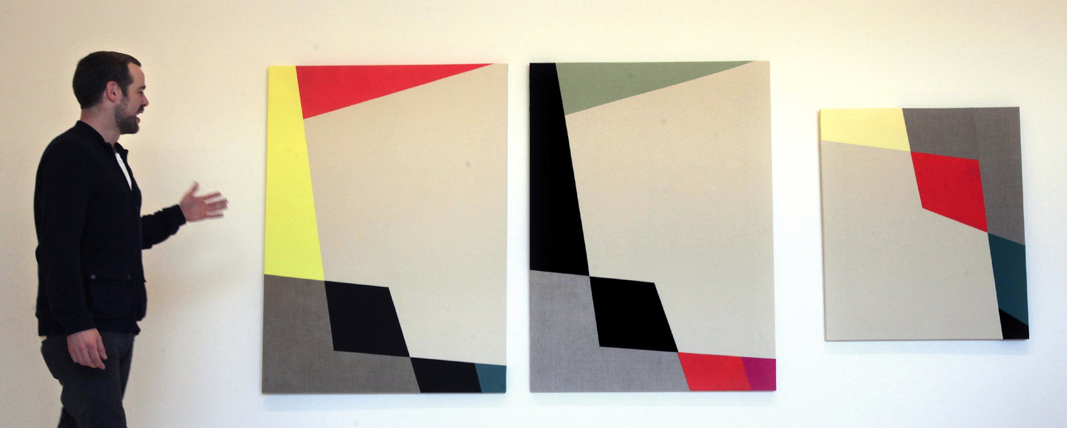 Curator Bartholomew Ryan spoke about Sarah Crowner's work. Sarah Crowner b. Philadelphia, 1974; lives and works in New York. Ciseaux Rideaux 2012. Oil and gouache on sewn canvas, fabric, and linen. "Painter Painter" show at Walker Art Center in Minneapolis, MN, a show of abstract art by 15 contemporary talents. February 1, 2013. ] JOELKOYAMA‚Ä¢joel.koyama@startribune.com ORG XMIT: MIN1302011232090007