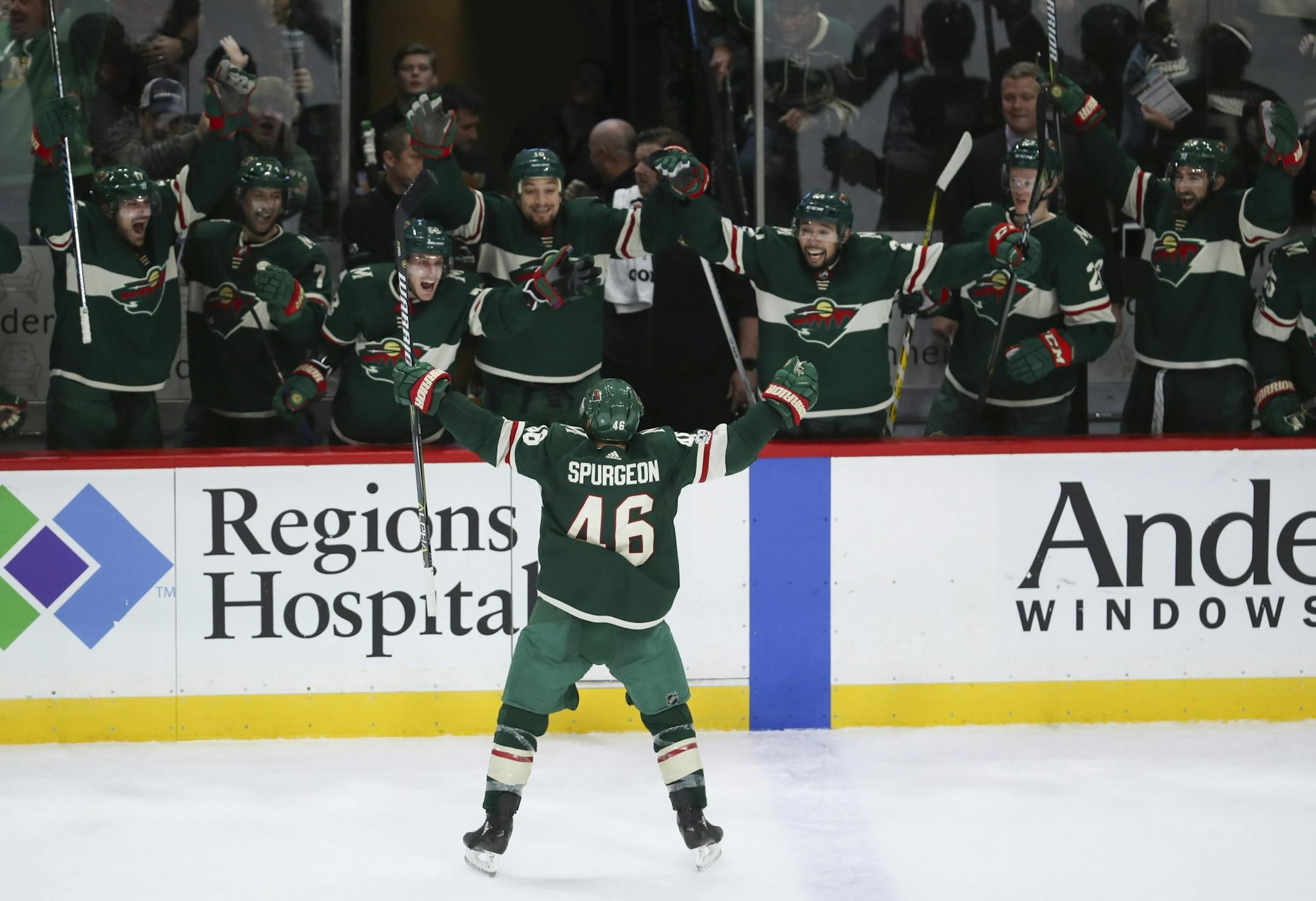 Minnesota Wild defenseman Jared Spurgeon (46) turned towards the bench after scoring an empty net goal in the third period.
