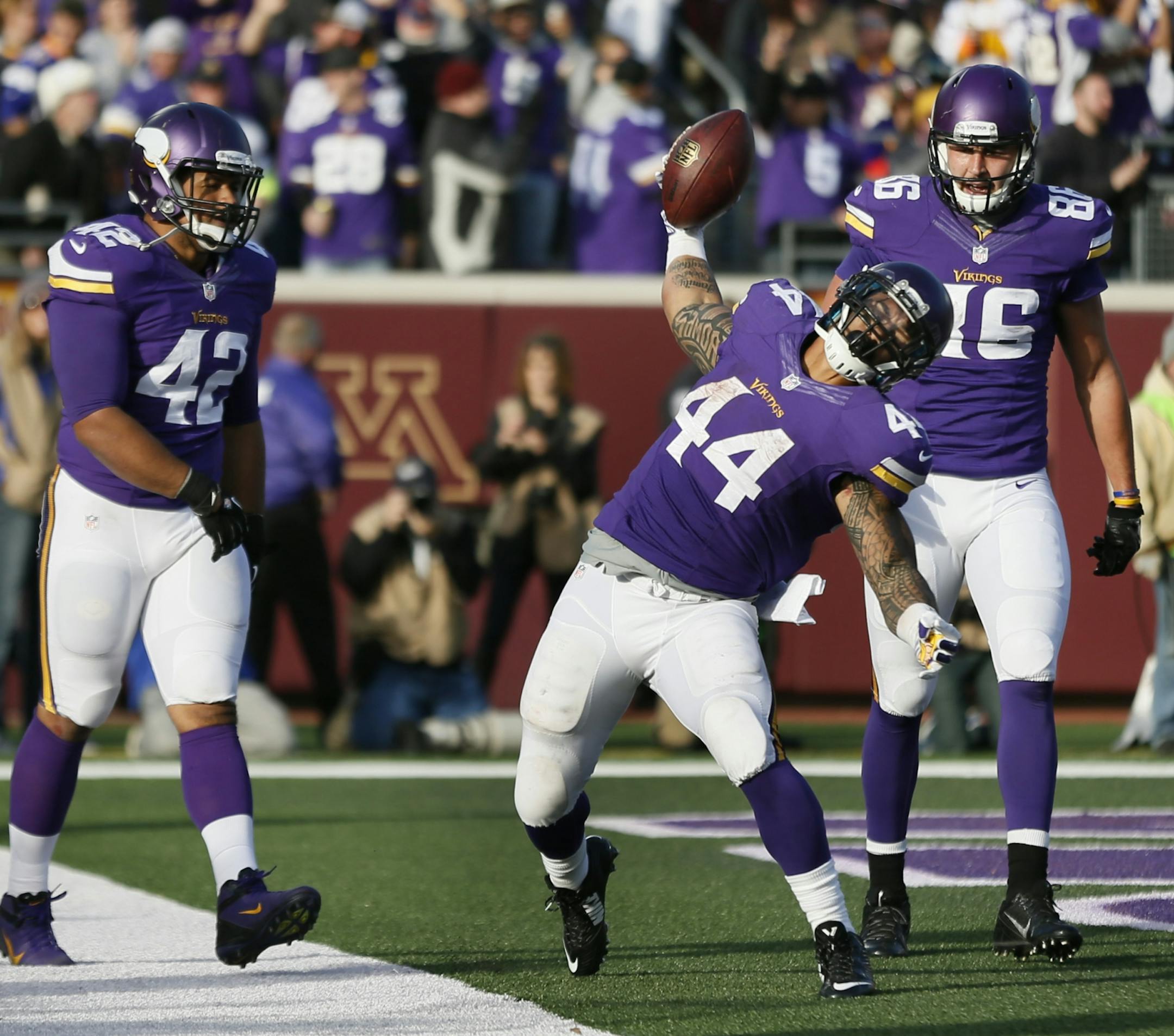 Minnesota Vikings running back Matt Asiata (44) celebrated a forth quarter. The Washington Redskins at the Minnesota Vikings at TCF Bank Stadium Sunday November 02 , 2014 in Minneapolis ,MN.