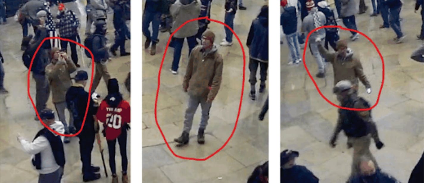 Three images show Jordan K. Stotts, 31, inside the U.S. Capitol on Jan. 6, according to a federal criminal complaint.