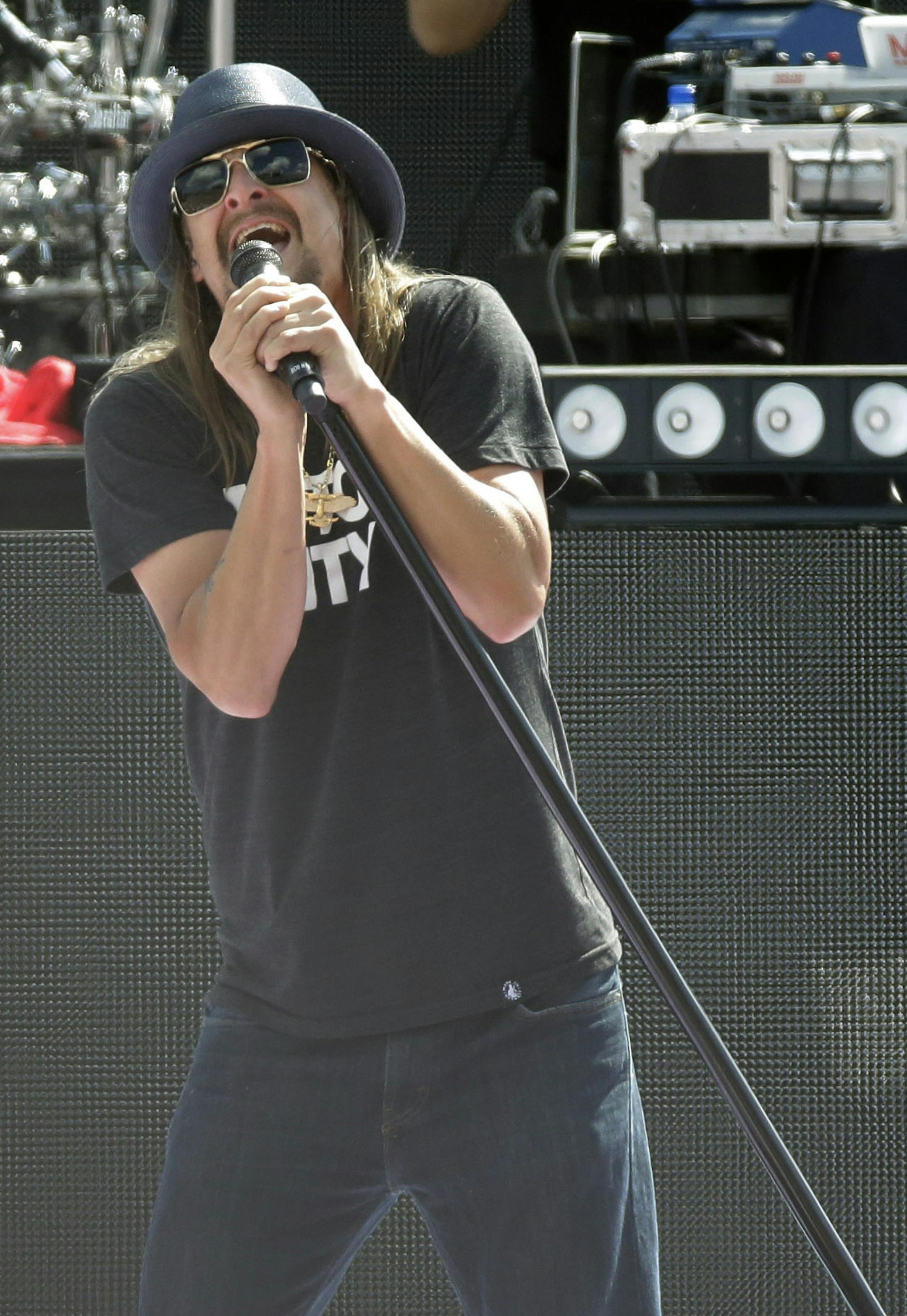 Kid Rock performs before the Daytona 500 NASCAR Sprint Cup series auto race at Daytona International Speedway in Daytona Beach, Fla., Sunday, Feb. 22, 2015. (AP Photo/John Raoux)
