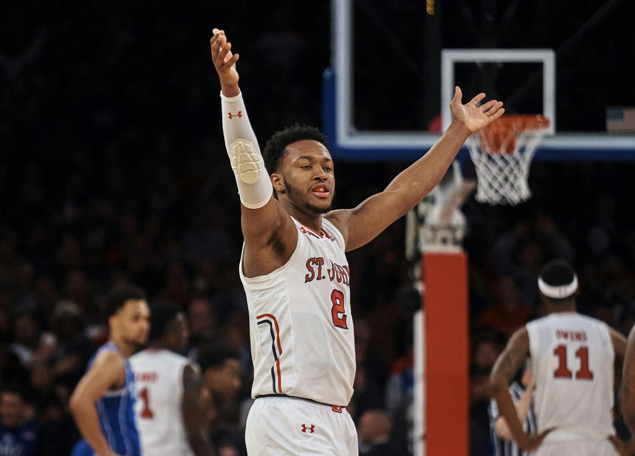 St. John's Shamorie Ponds (2) celebrates during the second half of an NCAA college basketball game against Duke at Madison Square Garden in New York, Saturday, Feb. 3, 2018. St. John's defeated No. 4 Duke 81-77. (AP Photo/Andres Kudacki)