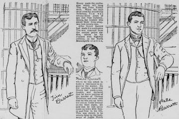 Line drawings of the Barrett brothers appeared in the St. Paul Daily Globe on March 17, 1889. The hangings of the two brothers, particularly of Pete B