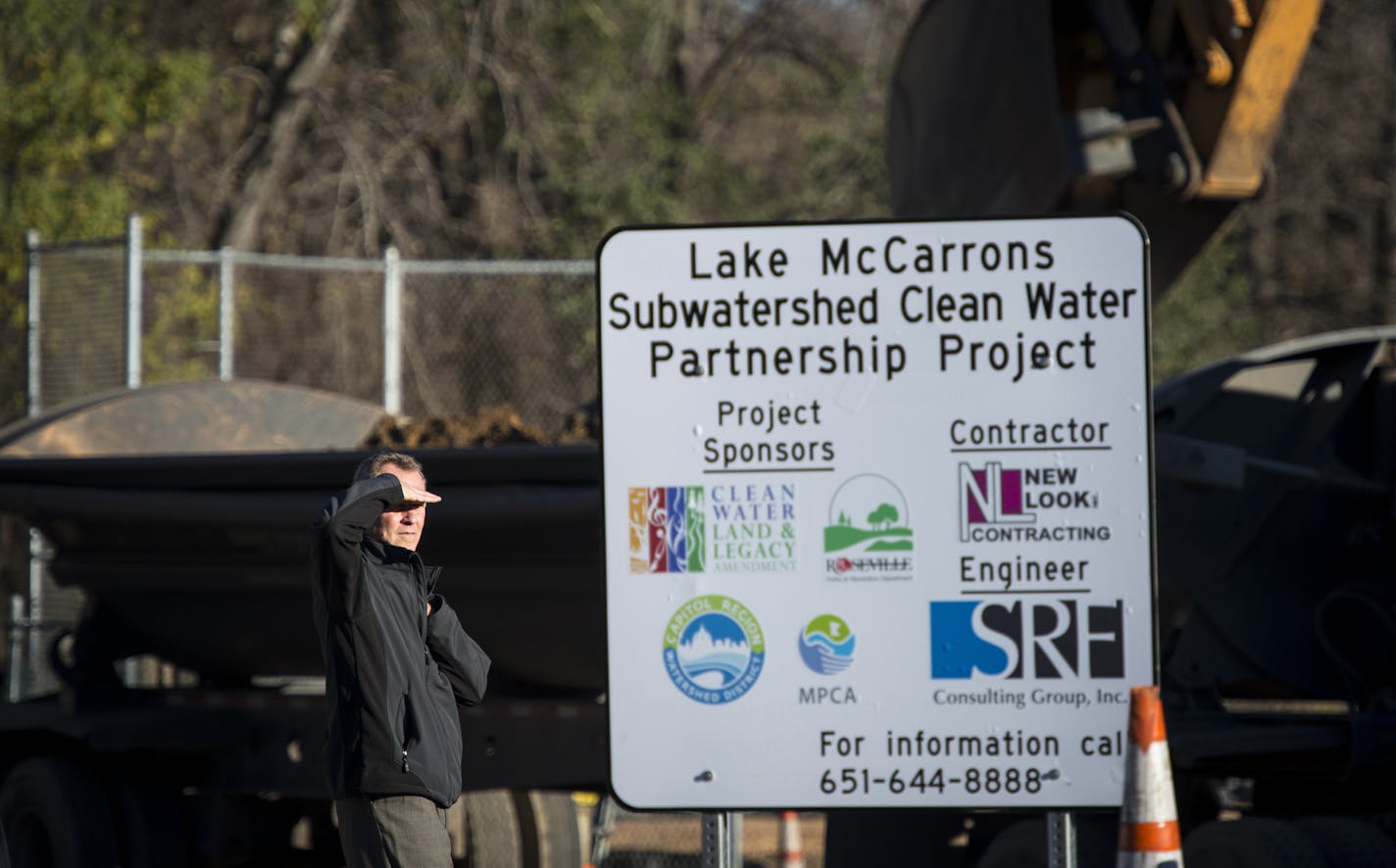 City of Roseville Parks & Recreation Director Lonnie Brokke looked over the construction site behind the B-Dale club that is part of the Lake McCarrons Subwatershed Clean Water Partnership project. ] (AARON LAVINSKY/STAR TRIBUNE) aaron.lavinsky@startribune.com Runoff polluted with lawn chemicals and road salt pour into McCarrons Lake fueling algae growth that chokes other plants and wildlife. A new project will soon divert as much as 1.3 million gallons of that runoff from the lake. Rainwater wi