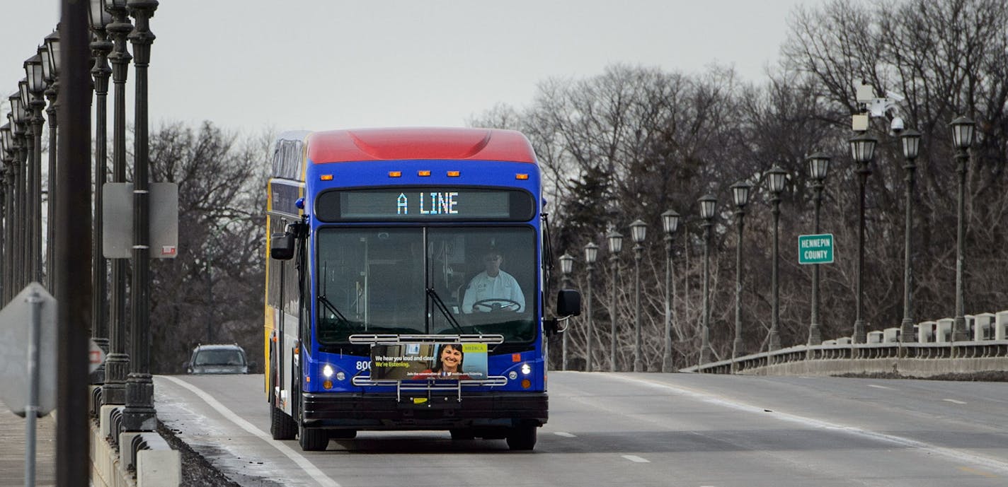 A new A Line bus on Ford Parkway. ] GLEN STUBBE * gstubbe@startribune.com Wednesday, February 10, 2016 We get a tour of the new Arterial Bus-Rapid Transit system on Snelling Ave., which will connect the 46th Blue Line light-rail station to Rosedale later this spring.Though a dozen BRT lines are planned for the Twin Cities, only one has opened so far -- the Red Line, which connects the Mall of America to Apple Valley (and with mixed results). Purists say the Snelling Ave. line is not a true BRT b