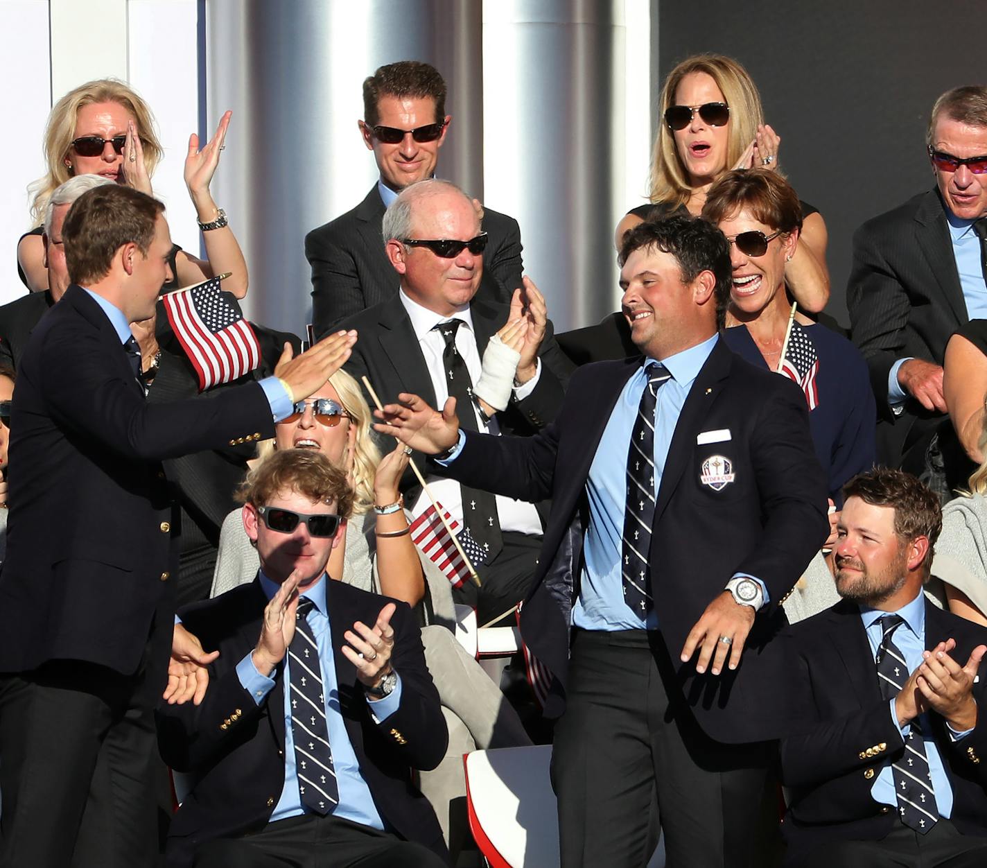 Team USA&#xed;s Jordan Spieth (left) and Patrick Reed give each other a hand shake after announced that they would tee off first agains&#xed;t Team Europe&#xed;s Justin Rose and Henrik Stenson Friday morning to kick off the 2016 Ryder Cup at Hazeltine National Golf Club. ] 2016 Ryder Cup, Hazeltine National Golf Club.
brian.peterson@startribune.com
Chaska, MN 9/29/16