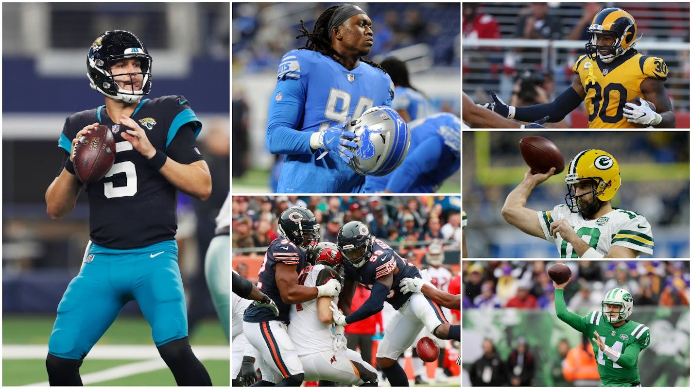 (Clockwise) Rams running back Todd Gurley, Packers quarterback Aaron Rodgers, Jets quarterback Sam Darnold, Bears defenders closing in on Tampa Bay quarterback Ryan Fitzpatrick, Jaguars quarterback Blake Bortles and Lions defensive end Ezekiel Ansah