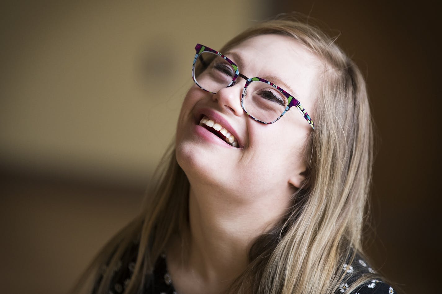 Mikayla Holmgren laughs while doing an interview with the media at Bethel University.