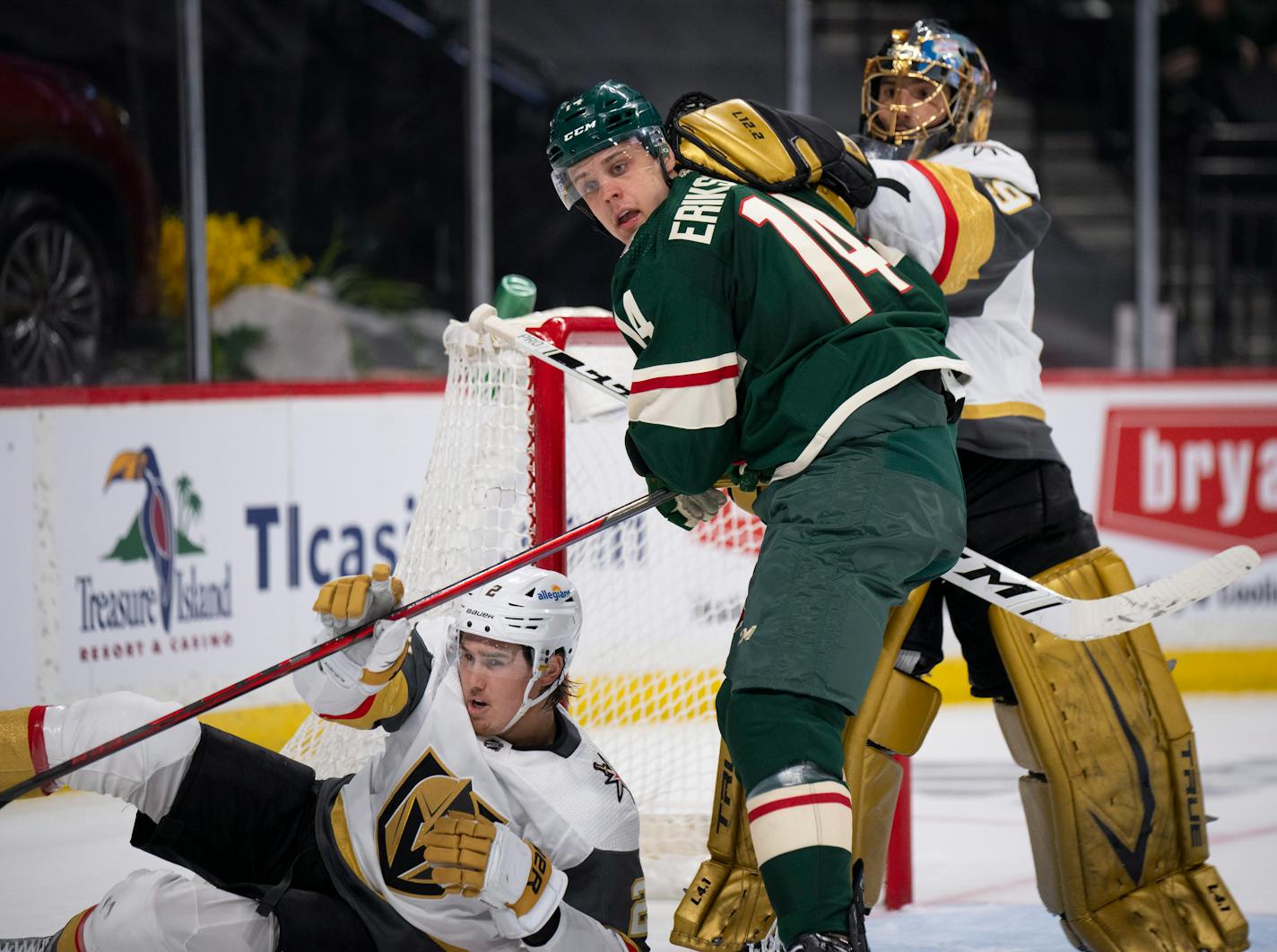 Vegas Golden Knights defenseman Zach Whitecloud (2) and Vegas Golden Knights goaltender Marc-Andre Fleury (29) both antagonized Minnesota Wild center Joel Eriksson Ek (14) in the second period. ] JEFF WHEELER • jeff.wheeler@startribune.com