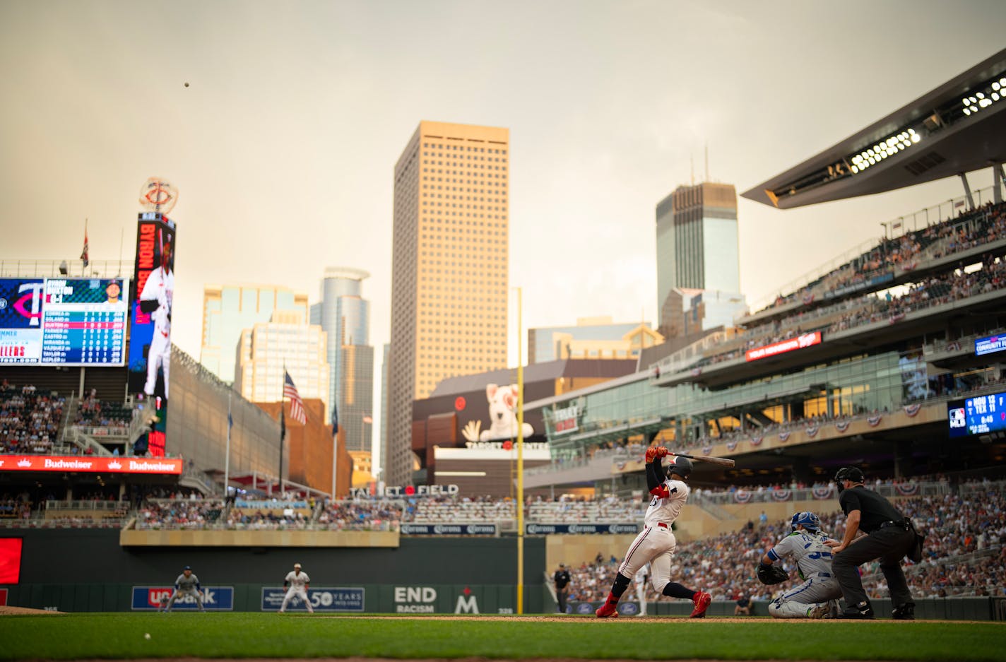 Minnesota Twins designated hitter Byron Buxton (25) hit a sacrifice fly in the fifth inning that scored Max Kepler and put the Twins ahead of the Royals 3-2. The Minnesota Twins faced the Kansas City Royals in an MLB baseball game Monday night, July 3, 2023 at Target Field in Minneapolis. ] JEFF WHEELER • jeff.wheeler@startribune.com