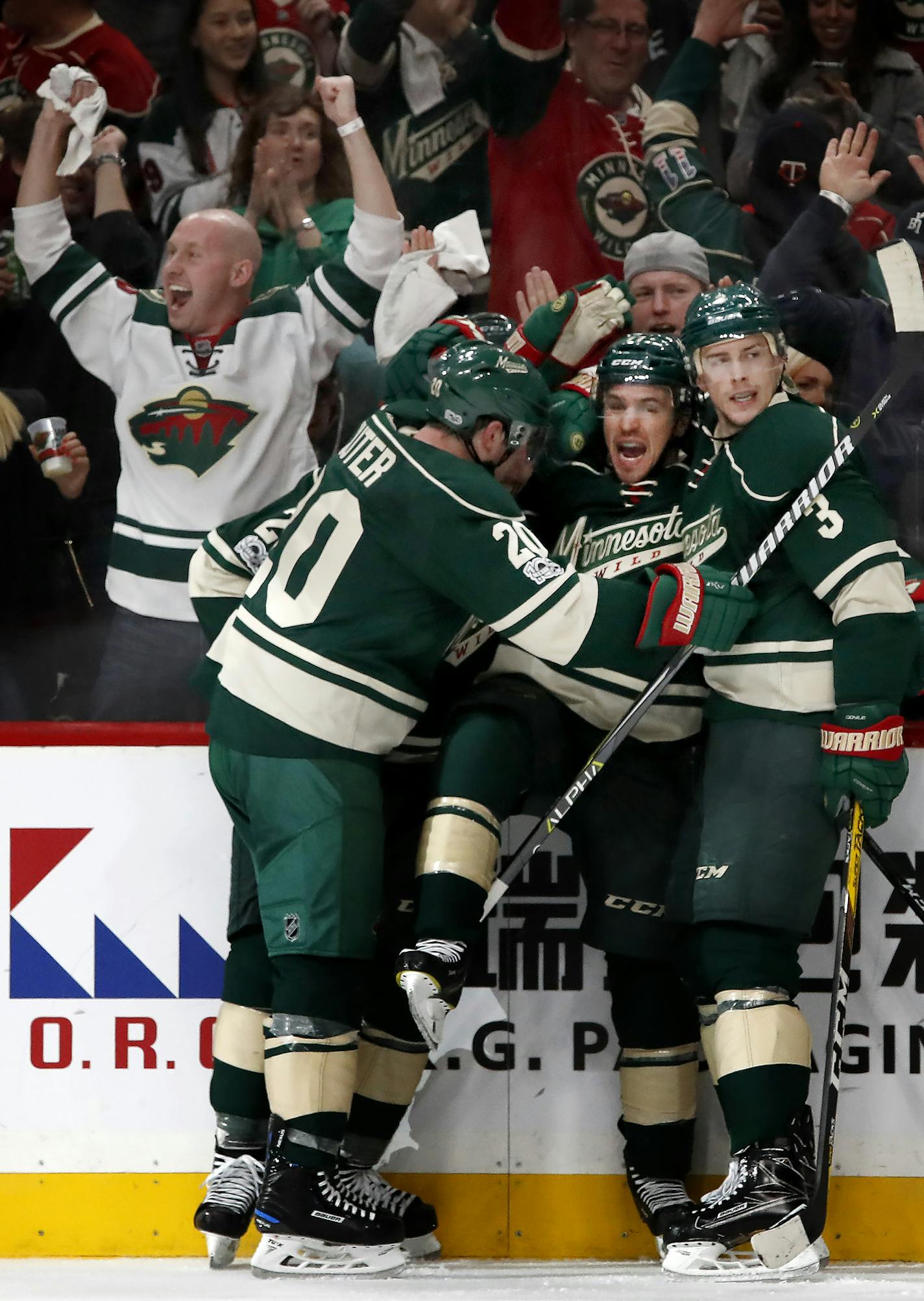 Zach Parise (11) celebrated with teammates after scoring a power play goal in the second period. ] CARLOS GONZALEZ &#xef; cgonzalez@startribune.com - April 14, 2017, St. Paul, MN, Xcel Energy Center, NHL, Stanley Cup Playoffs, Game 2, Minnesota Wild vs. St. Louis Blues