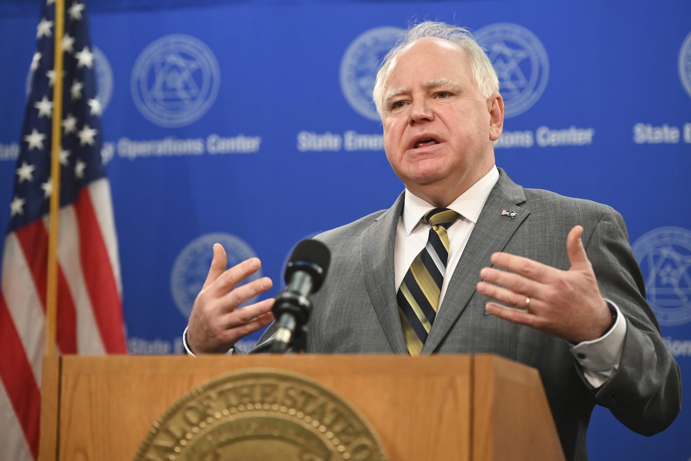 Minnesota Gov. Tim Walz speaks at a news conference concerning the new coronavirus, Thursday, April 23, 2020, in St. Paul, Minn. (Aaron Lavinsky/Star Tribune via AP, Pool)