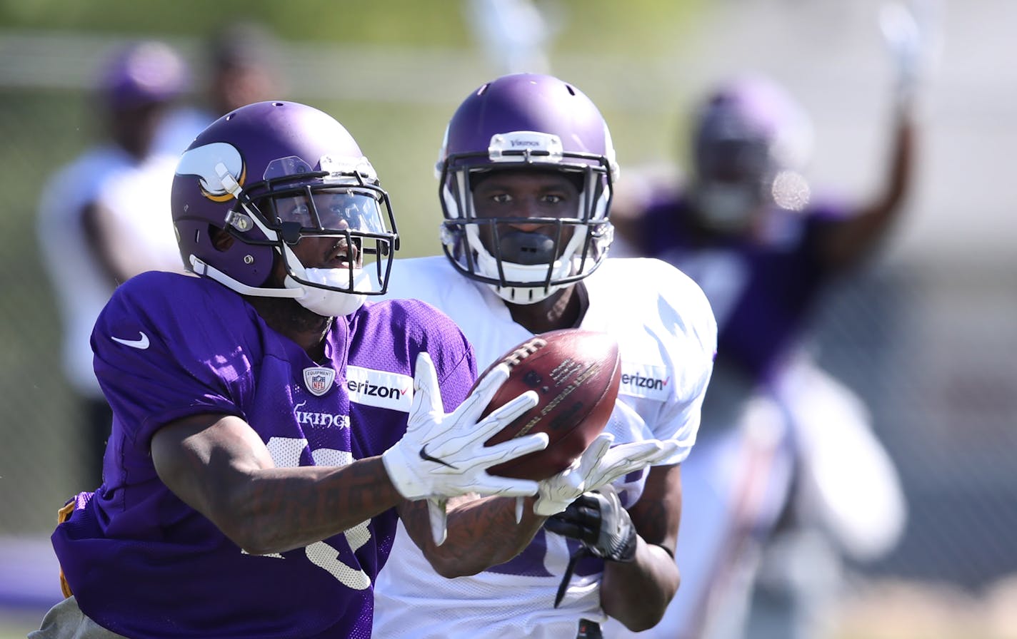 Vikings wide receiver Stacy Coley caught a pass vs. defensive back Tre Roberson in practice Saturday, the first day bump-and-run coverage was finally permitted.