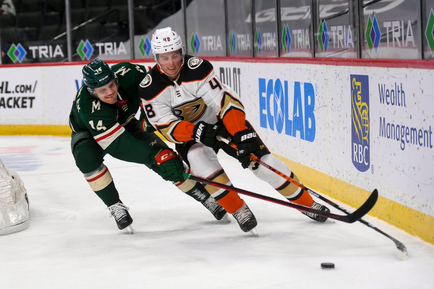 Minnesota Wild center Joel Eriksson Ek, left, and Anaheim Ducks center Isac Lundestrom chase the puck during the first period of an NHL hockey game Saturday, May 8, 2021, in St. Paul, Minn. The Wild won 4-3 in overtime. (AP Photo/Craig Lassig)