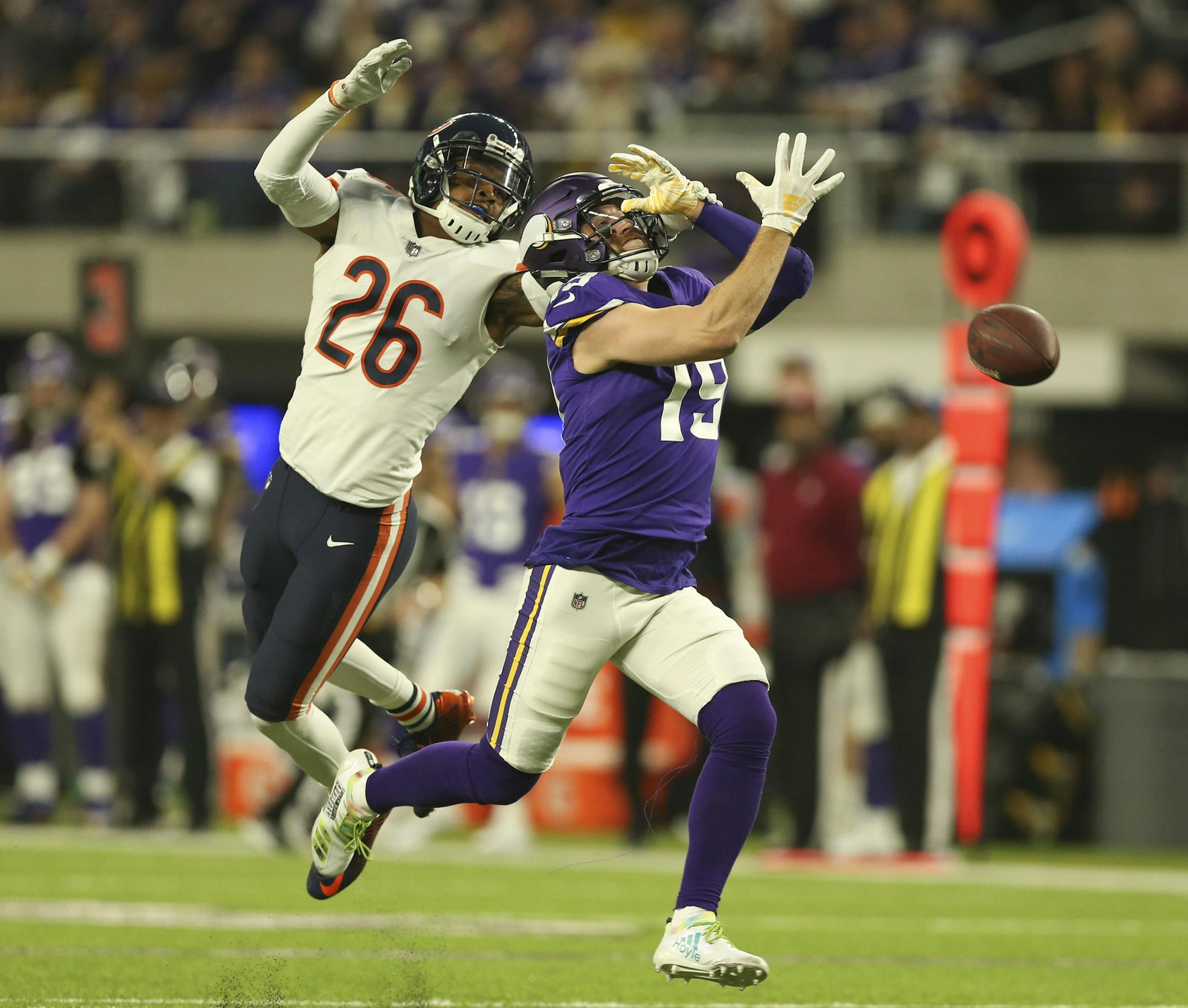 Chicago Bears defensive back Deon Bush (26) was called for a facemask penalty on Minnesota Vikings wide receiver Adam Thielen (19), helping set up a late second quarter field goal. ] JEFF WHEELER • jeff.wheeler@startribune.com The Minnesota Vikings faced the Chicago Bears in an NFL football game Sunday afternoon, December 30, 2018 at U.S. Bank Stadium in Minneapolis.
