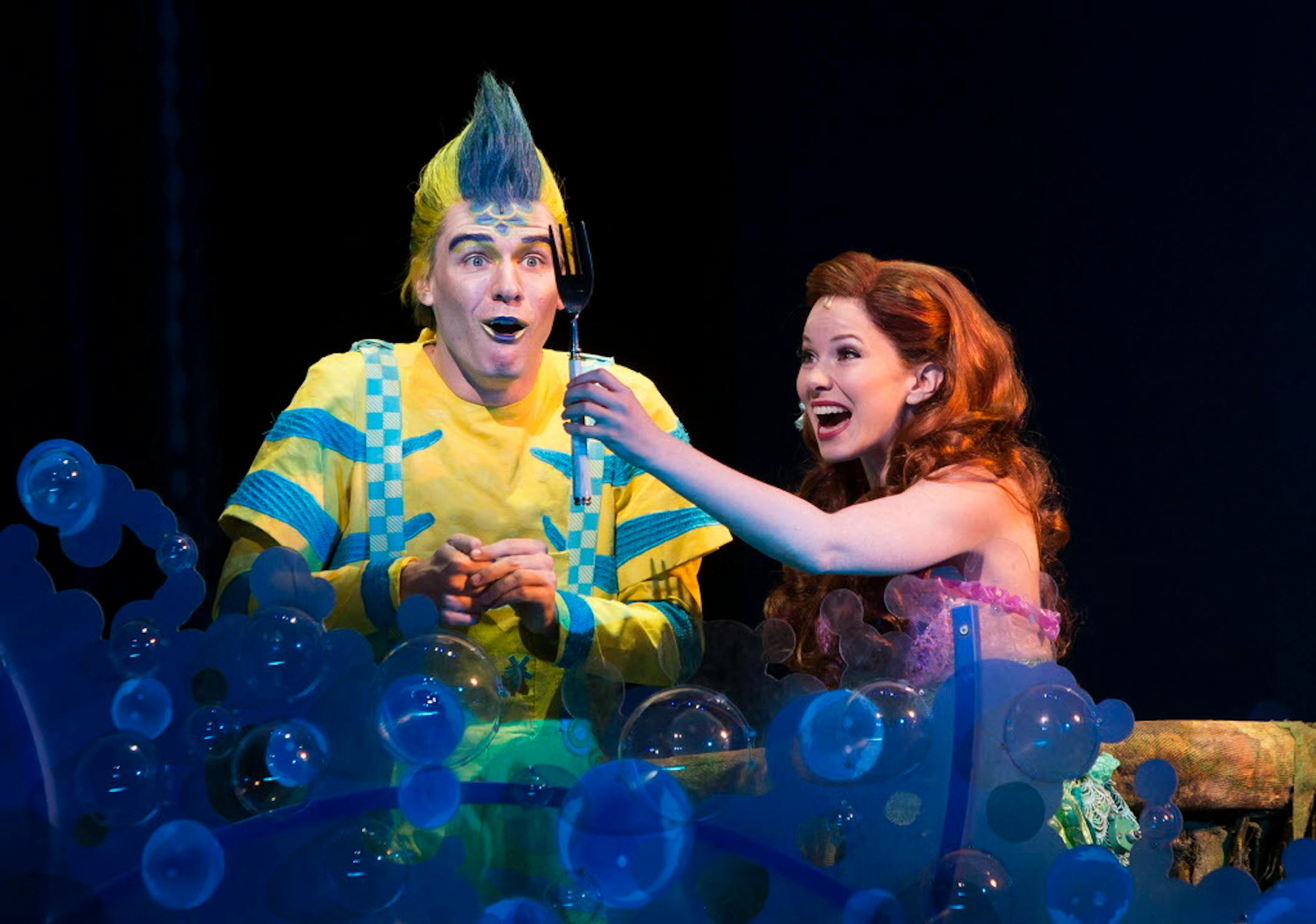 Adam Garst as Flounder and Alison Woods as Ariel in Disney's "The Little Mermaid."