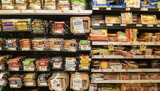 FILE -- Plant-based meat substitutes are displayed alongside meat products at a supermarket in New York on Aug. 30, 2019. Millennials are gobbling dow