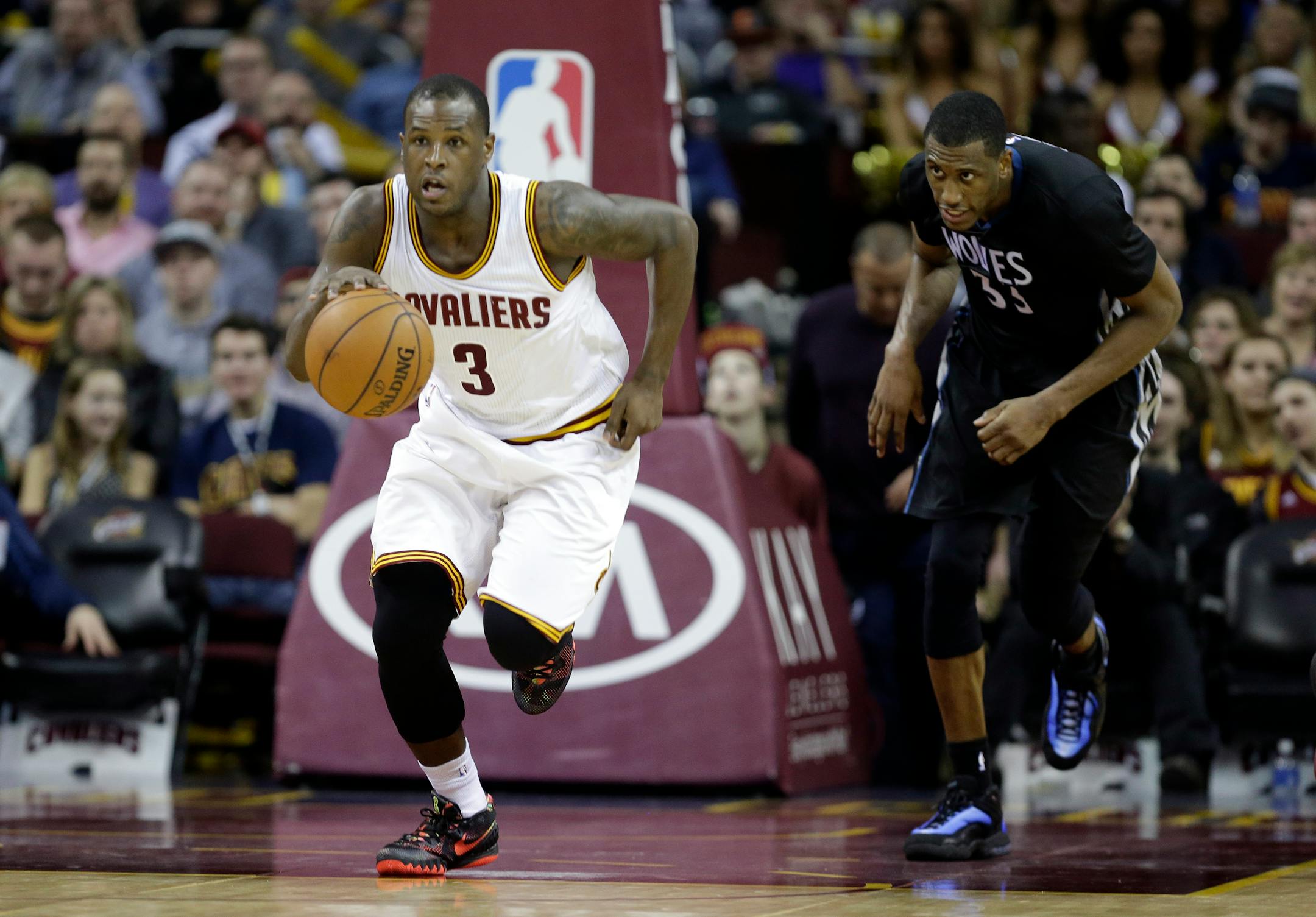 Cleveland Cavaliers' Dion Waiters (3) starts a break against the Minnesota Timberwolves in an NBA basketball game Tuesday, Dec. 23, 2014, in Cleveland. (AP Photo/Mark Duncan)