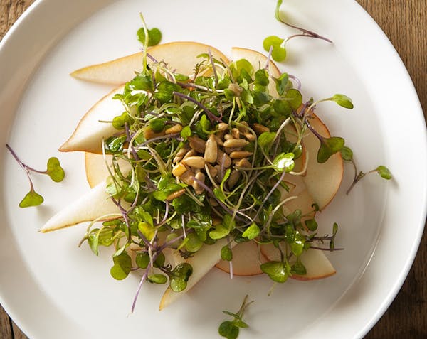 Spring Salad of Pears, Microgreens and Sunflower Seeds With Lemon-Ginger Vinaigrette.