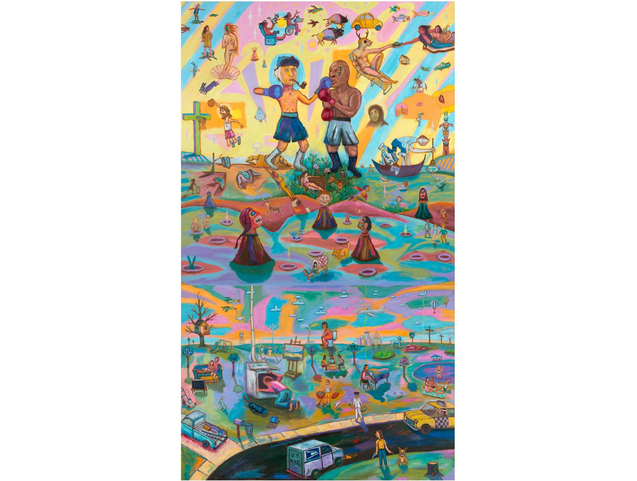 "The Creative Oven" by Jim Denomie (2013, 12 by 7 feet, oil on canvas, collection Tweed Museum of Art)