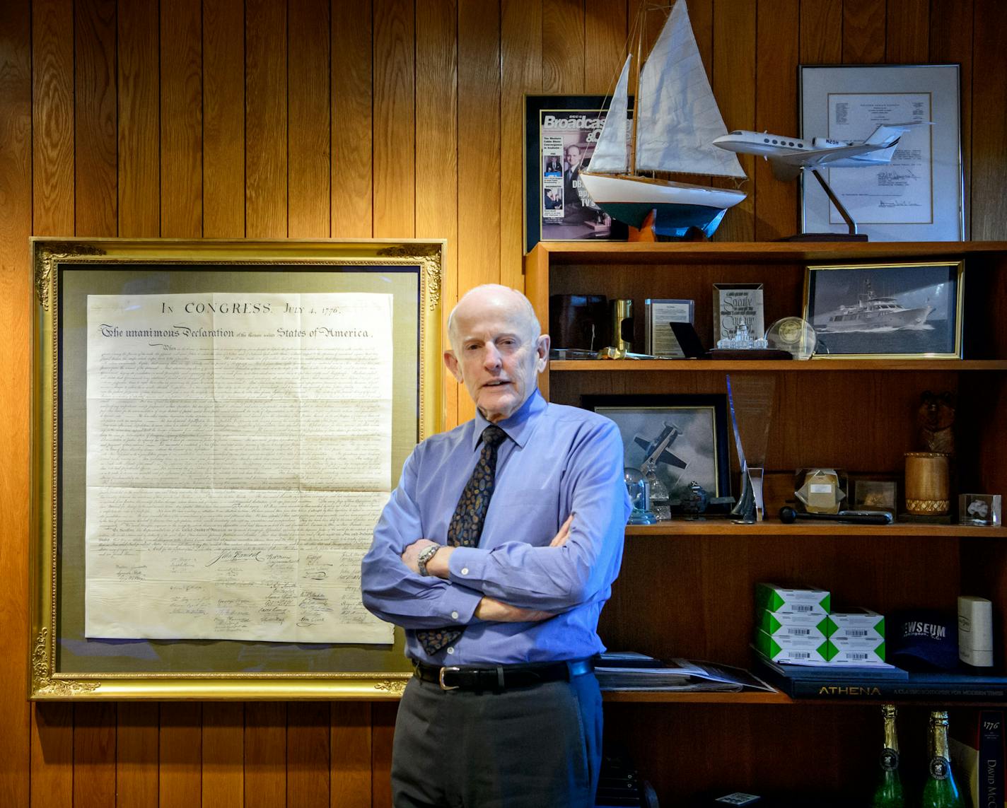 Stanley Hubbard is proud of his 1840 exact copy of the Declaration of independence that hangs in his office next to it on the left, a thank you letter from Ronald Reagan. ] GLEN STUBBE * gstubbe@startribune.com Wednesday, November 11, 2015 interview with Stanley Hubbard, CEO of Hubbard Broadcasting, about his long history of being a major political donor both in Minnesota and nationally.