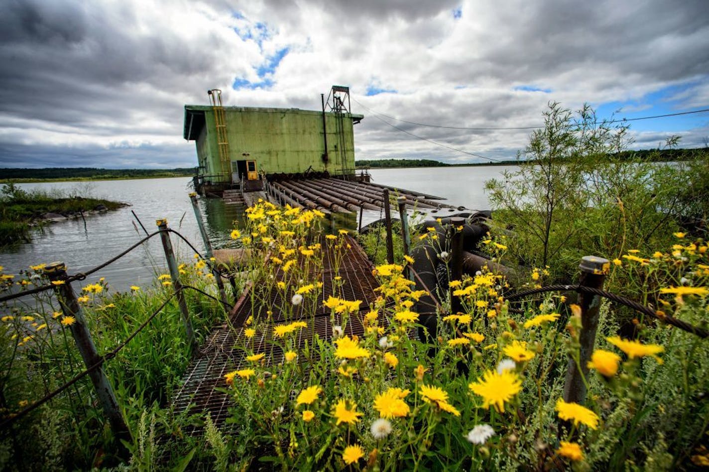 A pumphouse in a manmade lake in the tailings basin of PolyMet mine.