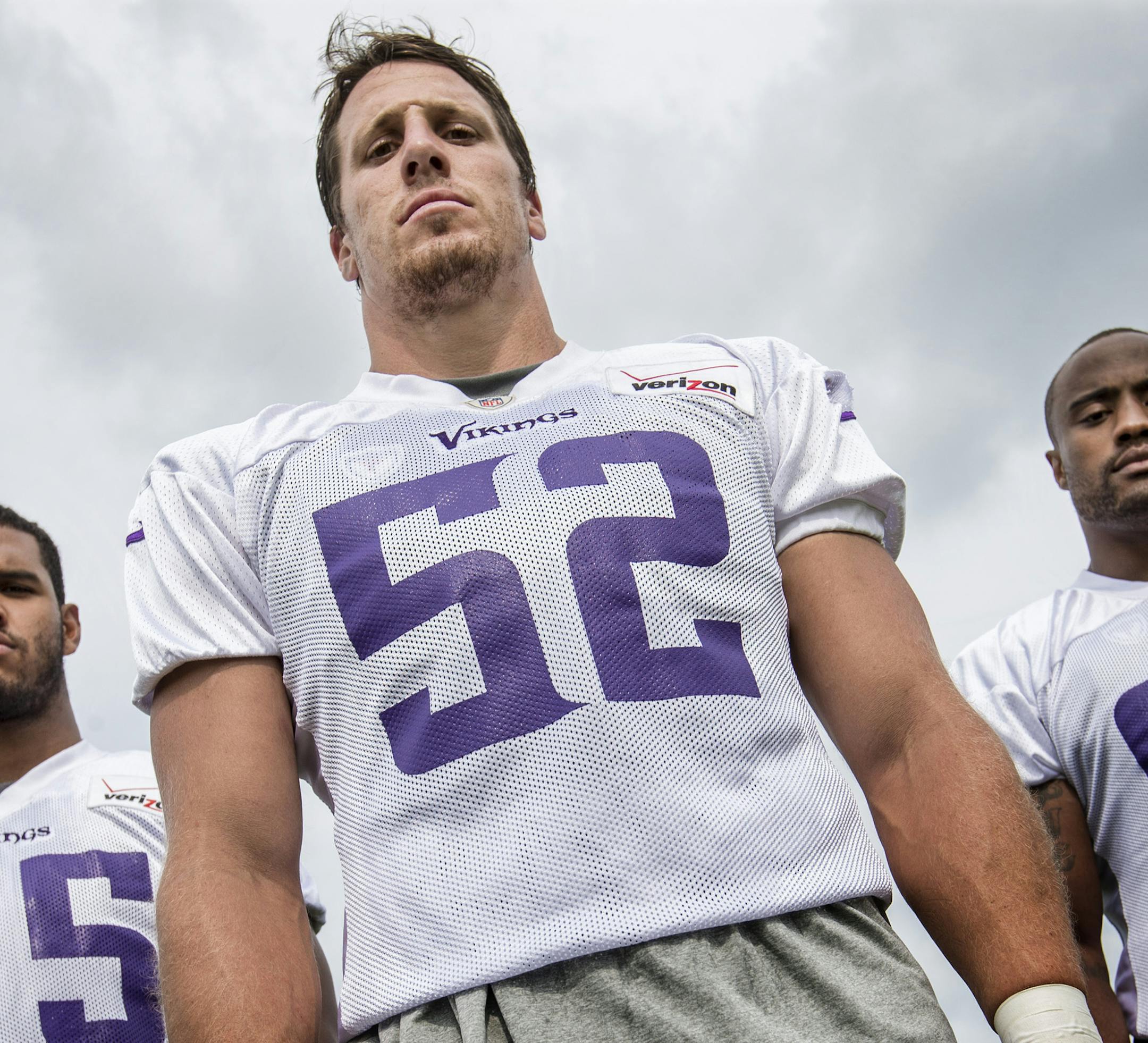 Minnesota Vikings Anthony Barr, (55), Chad Greenway, (52), and Everson Griffen, (97). ] CARLOS GONZALEZ cgonzalez@startribune.com - August , 2014 , Mankato, Minn., Minnesota State University, Mankato, Minnesota Vikings Training Camp, NFL, ORG XMIT: MIN1408121407215188