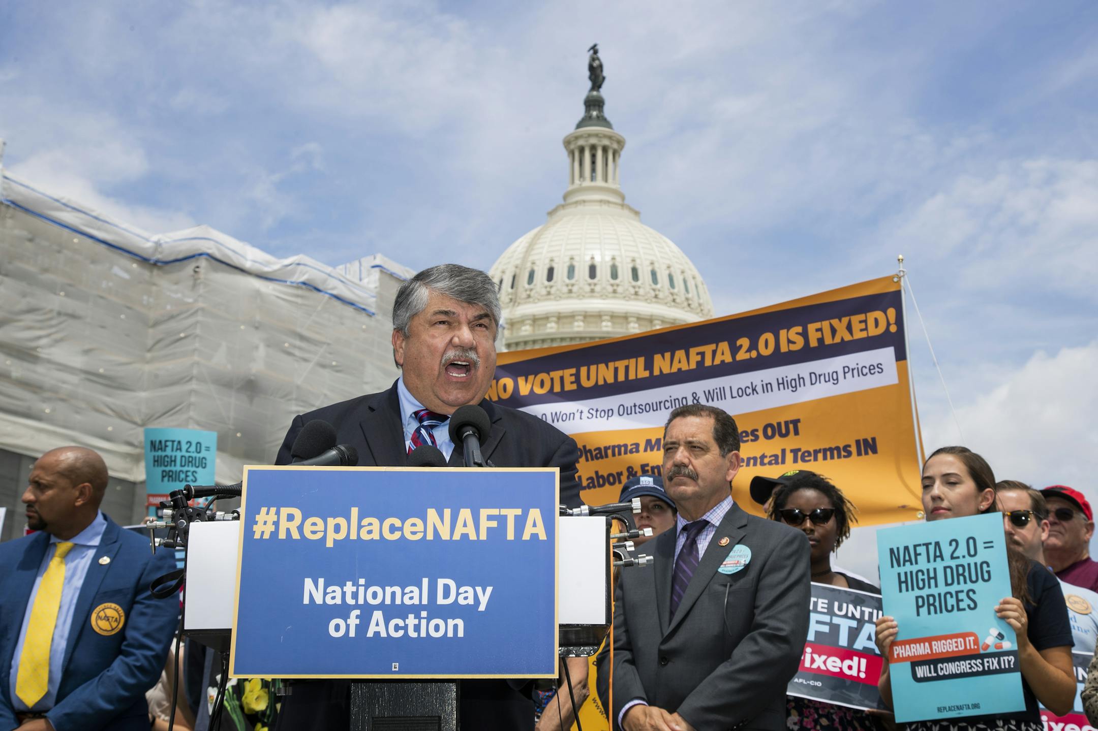 AFL-CIO President Richard Trumka together with Democratic lawmakers and supporters speaks about their opposition to NAFTA 2.0 and to President Donald Trump's new trade deal during a news conference on Capitol Hill in Washington, Tuesday, June 25, 2019. (AP Photo/Manuel Balce Ceneta)