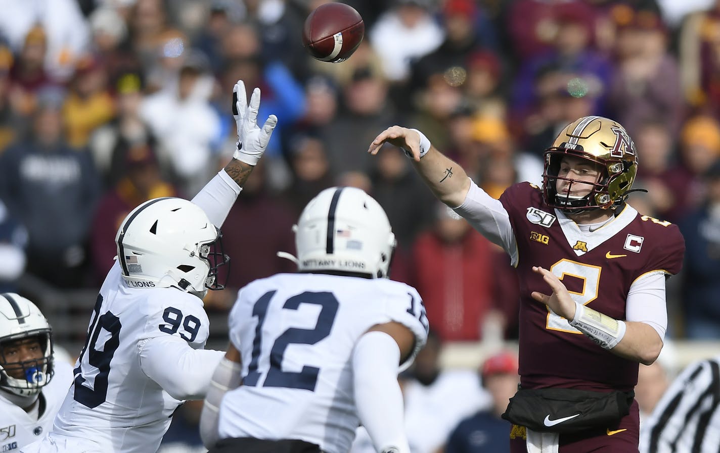 Minnesota Gophers quarterback Tanner Morgan (2) threw the ball under pressure by Penn State Nittany Lions defensive end Yetur Gross-Matos (99) in the second quarter. ] Aaron Lavinsky &#x2022; aaron.lavinsky@startribune.com The Minnesota Gophers played the Penn State Nittany Lions on Saturday, Nov. 9, 2019 at TCF Bank Stadium in Minneapolis, Minn.