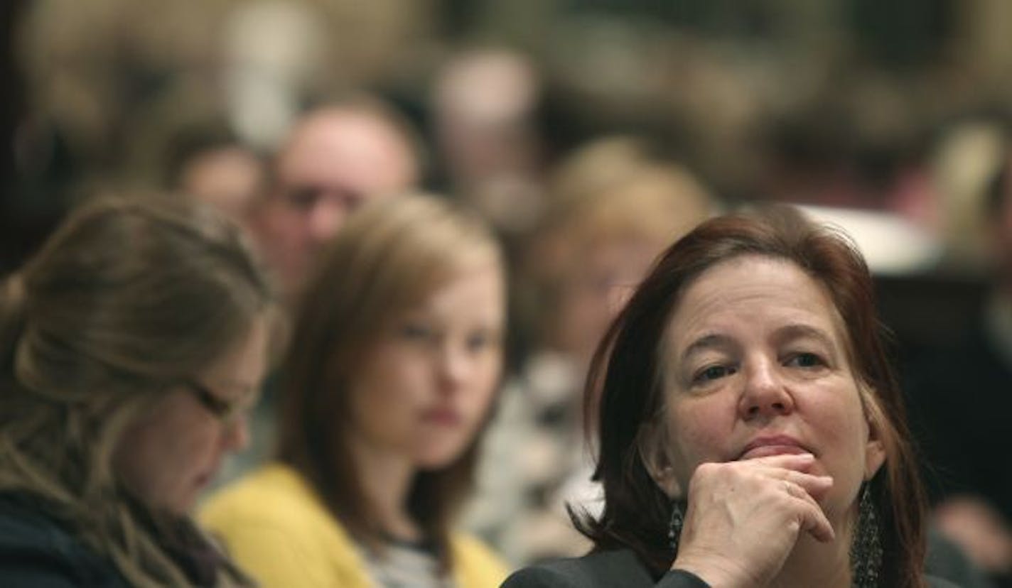 Hazelden staff member Marty Harding listened as child-safety advocate Patty Wetterling addressed the sold-out summit on bullying on Monday in Minneapolis.